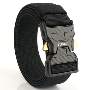 Men's nylon tactical belt with a quick-release carbon fiber pattern buckle on white surface