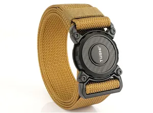 Detailed view of quick-release metal buckle on durable tactical nylon belt