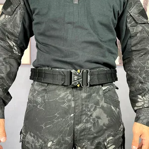 Tactical nylon belt with quick-release metal buckle shown on camouflage uniform