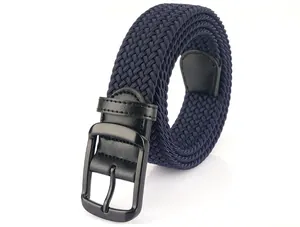 Close-up of dark blue elastic braided belt featuring a matte black metal buckle