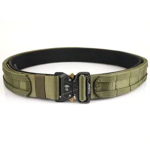 Tactical military belt with quick release metal buckle and molle system in army green