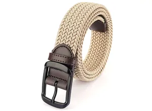 Close-up of khaki woven elastic belt with matte black buckle and leather detailing