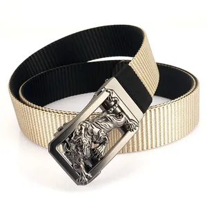 Durable nylon woven belt with 3D tiger buckle and double-sided beige black strap