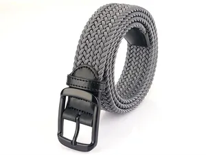 Detail of grey elastic woven belt with black matte metal pin buckle and leather reinforcement