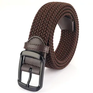 Men's dark brown elastic braided belt with black metal pin buckle on white background