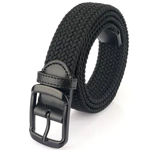 Black elastic braided belt for men with matte metal pin buckle on white background