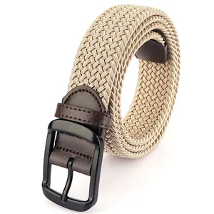 Men's woven stretch belt with khaki canvas texture, leather trim and matte black pin buckle