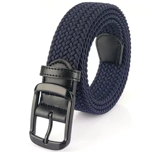 Navy blue braided stretch belt for men with black matte buckle and leather details