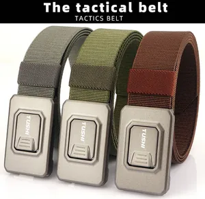 Nylon tactical belts in grey, green and brown with quick-release metal buckle