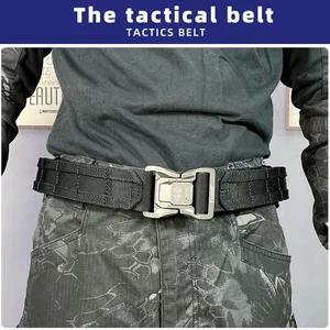 Close-up of tactical belt with metal quick-release buckle on camouflage trousers