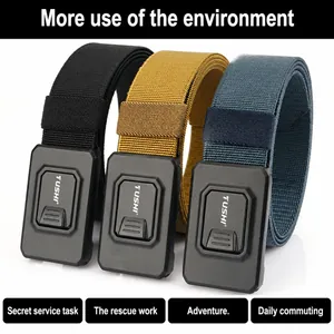 Detailed close-up of tactical nylon elastic belts in black, khaki, and navy blue options