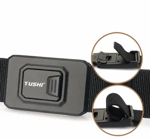 Detail of tactical nylon belt with quick-release aluminum alloy buckle and TUSHI logo