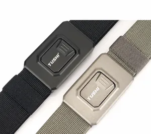 Close-up of quick release aluminum alloy tactical buckle on nylon elastic webbing belts
