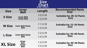 Size chart for tactical camouflage belt showing S to XL lengths and waist measurements