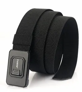 Detail showing 3.8cm width and TUSHI alloy buckle on black elastic tactical belt