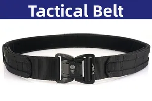 Detail of black tactical outer belt featuring aluminum quick-release buckle and MOLLE system