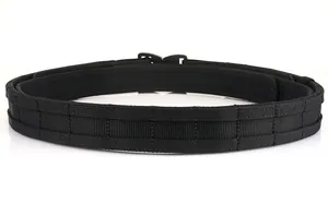 Detail of black nylon tactical belt featuring heavy-duty stitching and quick-release buckle