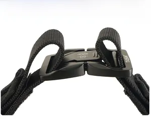 Detail of black tactical belt buckle featuring quick release and dual adjustment length