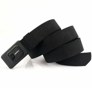 Close-up of durable black nylon elastic tactical belt with quick-release buckle