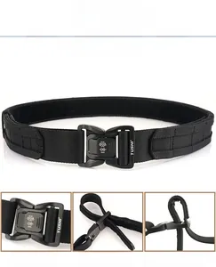 Close-up of tactical nylon belt showing quick-release alloy buckle and adjustable design