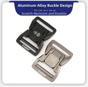 Close-up of durable aluminum alloy tactical quick-release buckles in black and gray finish
