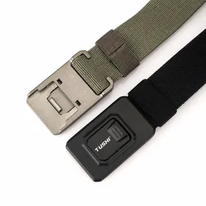 Macro detail of heavy-duty nylon tactical belt with durable aluminum alloy safety buckle