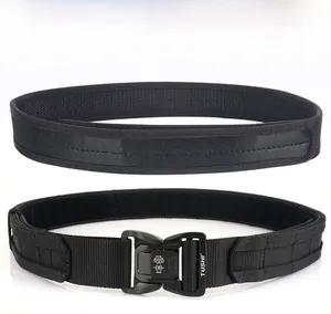 Detailed macro view of the double-layer nylon tactical belt with quick-release metal buckle