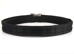 Macro detail of black tactical belt showing durable nylon webbing and MOLLE mounting system