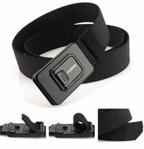 Close-up of ergonomic quick-release metal buckle and durable nylon tactical belt texture
