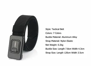 Detailed spec view of a tactical nylon belt with alloy buckle and size dimensions