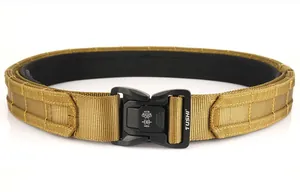 Detail of Coyote Brown tactical belt with laser-cut MOLLE system and quick release metal buckle
