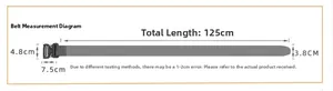 Detailed size chart for the nylon tactical belt with dimensions and quick release buckle