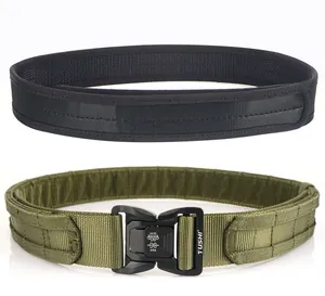 Detail view of nylon tactical belts with quick-release alloy buckles in black and green