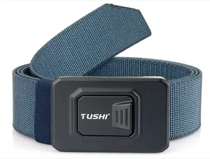 Macro detail of navy nylon elastic belt showing black quick-release tactical buckle