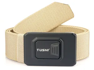 Detail view of the khaki tactical nylon belt showing the matte black quick release buckle