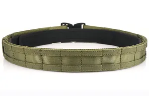 Detailed macro view of olive green tactical belt with MOLLE system and nylon webbing texture