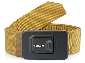 Close-up of khaki nylon tactical belt featuring a black buckle with TUSHI logo and texture