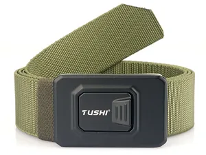 Close-up of military green tactical belt with TUSHI buckle and durable nylon texture