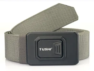 Detailed close-up of tactical nylon stretch belt featuring heavy-duty alloy quick release buckle
