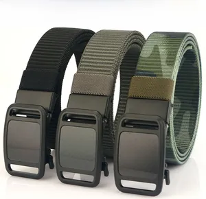 Three men's nylon belts in black, grey and camouflage green with matte alloy buckles