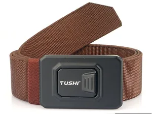 Close-up of brown nylon elastic tactical belt with quick-release alloy buckle details