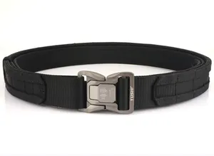 Detail of TUSHI tactical belt with matte black quick-release buckle and reinforced nylon webbing