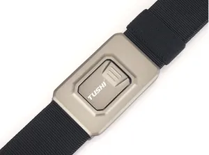 Detail of TUSHI quick-release alloy buckle and black nylon stretch tactical belt