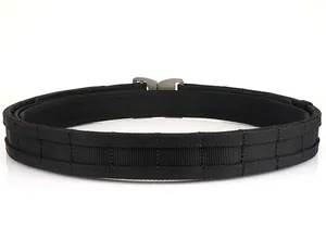 Detail of black tactical nylon outer belt with MOLLE system and metal quick release buckle