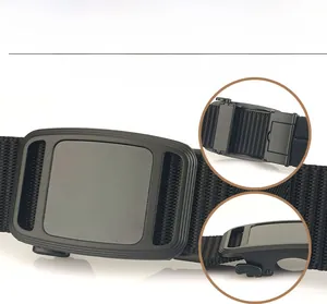 Detail of automatic alloy buckle and breathable nylon belt with hole-less design