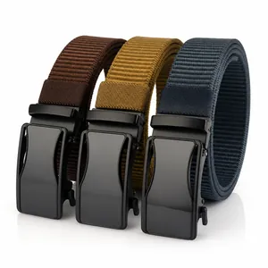Detail of automatic zinc alloy buckles and nylon straps in brown, khaki, and dark grey