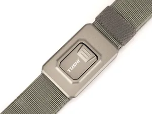 Detailed close-up of tactical nylon elastic belt with matte aluminum quick-release buckle