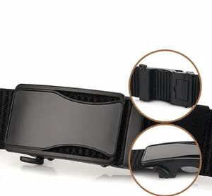 Detail of automatic buckle and woven nylon belt showing internal lock mechanism