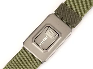 Detailed close-up of quick-release alloy buckle and tactical nylon webbing on a belt