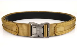 Detail view of tactical nylon belt with aluminum quick release buckle and MOLLE system
